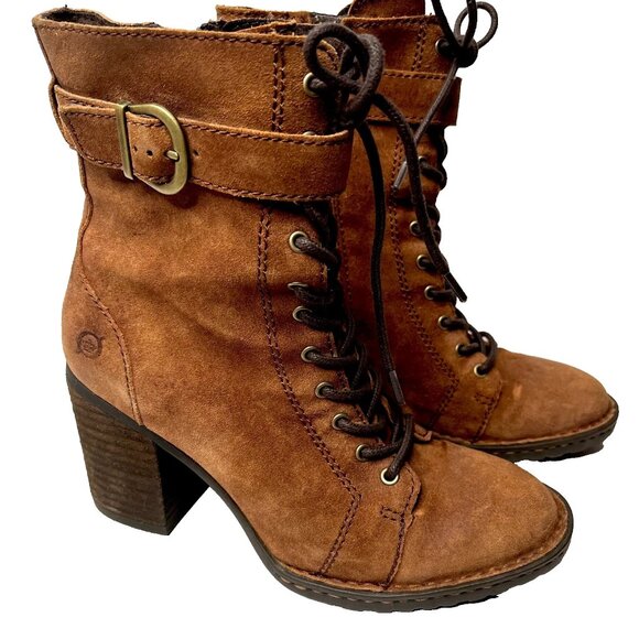 BORN Cass Leather Boots Size 6 Brown Leather Lace Up Ankle Heels Boho Western - Picture 1 of 11